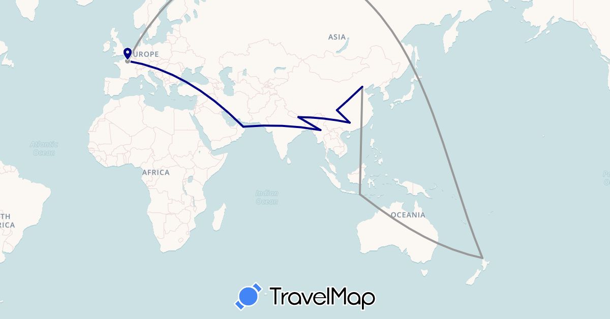 TravelMap itinerary: driving, plane in China, France, Indonesia, Myanmar (Burma), Nepal, New Zealand, Oman (Asia, Europe, Oceania)