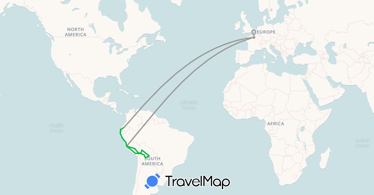 TravelMap itinerary: bus, plane in Bolivia, Ecuador, France, Peru (Europe, South America)